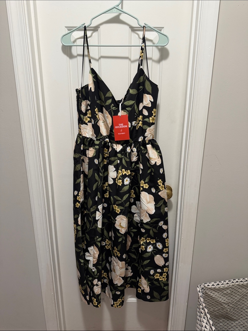 Old Navy Black Floral Midi Dress with Cream Blooms and Green Leaves